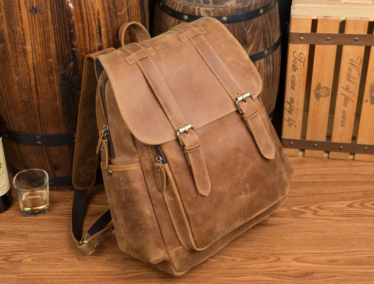 BOOPDO DESIGN MAN TIME OUTDOOR TRAVEL LEATHER BACKPACK IN KHAKI