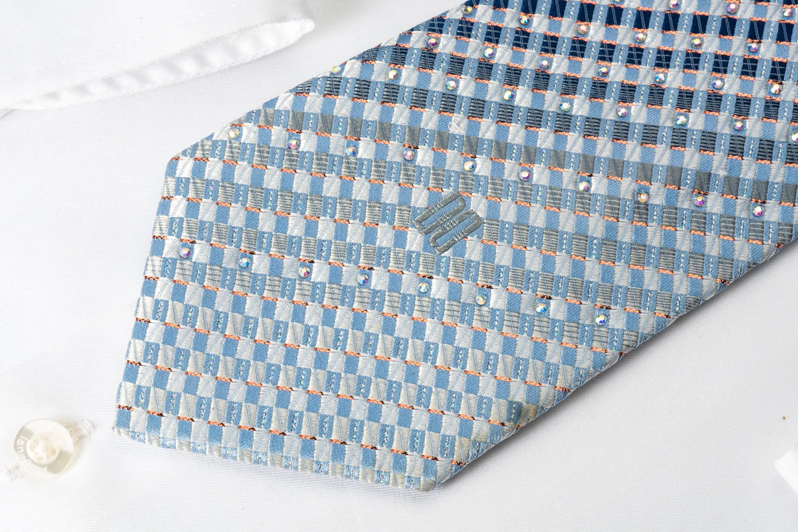 Daks Silk Bling Rhinestone Tie Blue Checkered With Sparkles